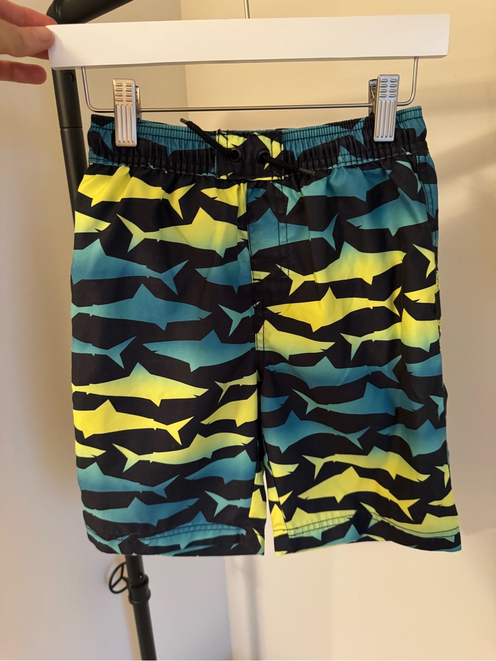 Tea Collection Boys Swim Shorts in Black, Yellow & Teal Shark Print